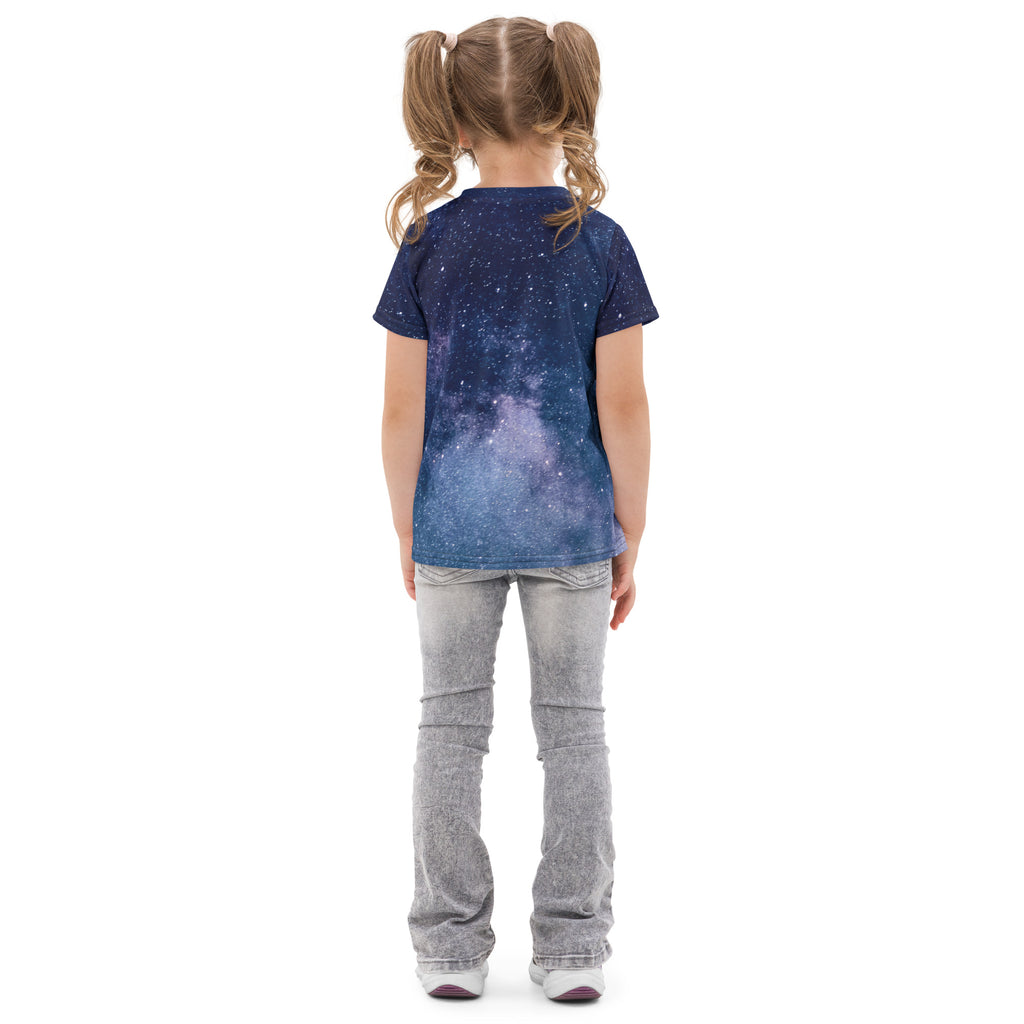 A child wearing a navy blue kids realistic galaxy cotton t-shirt with purple and white star and nebula print