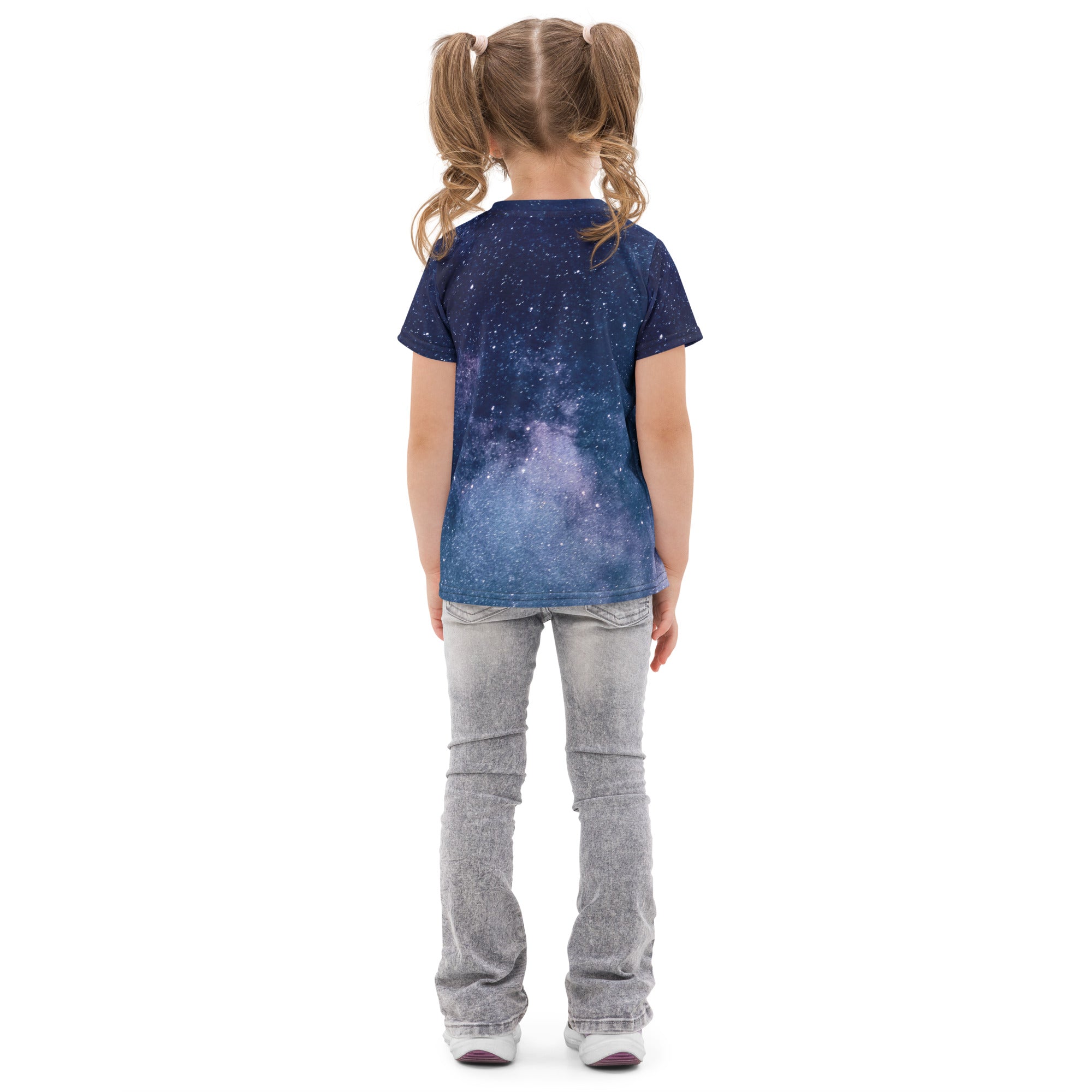 A child wearing a navy blue kids realistic galaxy cotton t-shirt with purple and white star and nebula print