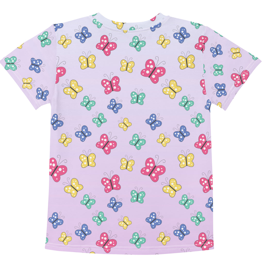 Girls colorful butterflies cotton t-shirt in light purple with playful all-over print of pink yellow blue and green butterflies