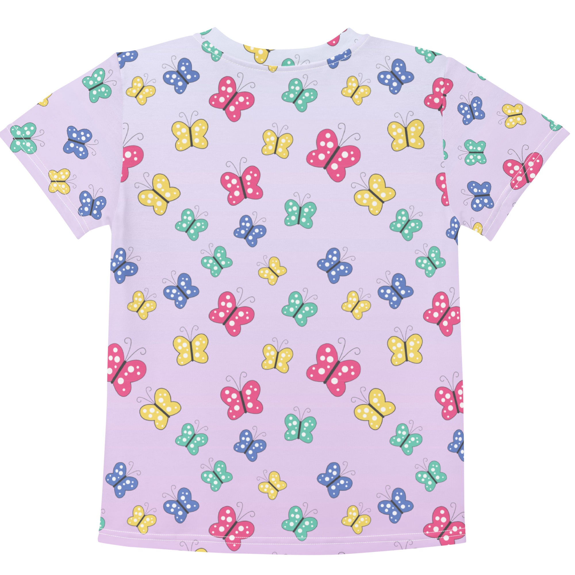 Girls colorful butterflies cotton t-shirt in light purple with playful all-over print of pink yellow blue and green butterflies
