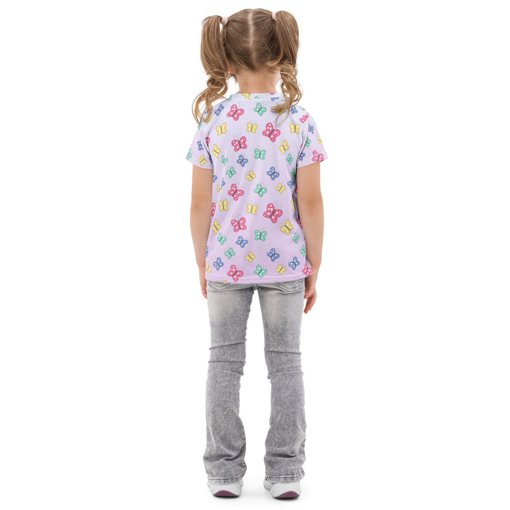 Girls colorful butterflies cotton t-shirt in lavender with short sleeves and multicolored playful butterfly pattern