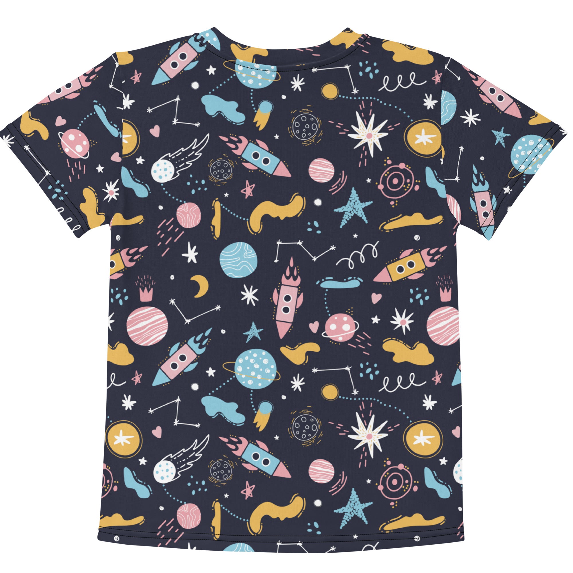Navy blue kids outer space cotton t-shirt with short sleeves and colorful rocket planet star and constellation print