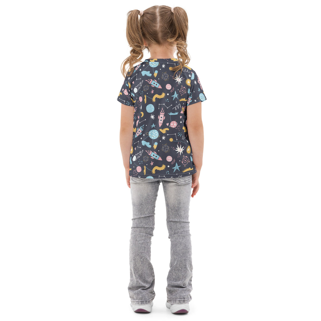 Kids outer space cotton t-shirt in dark navy with colorful rockets planets and stars print on short sleeves