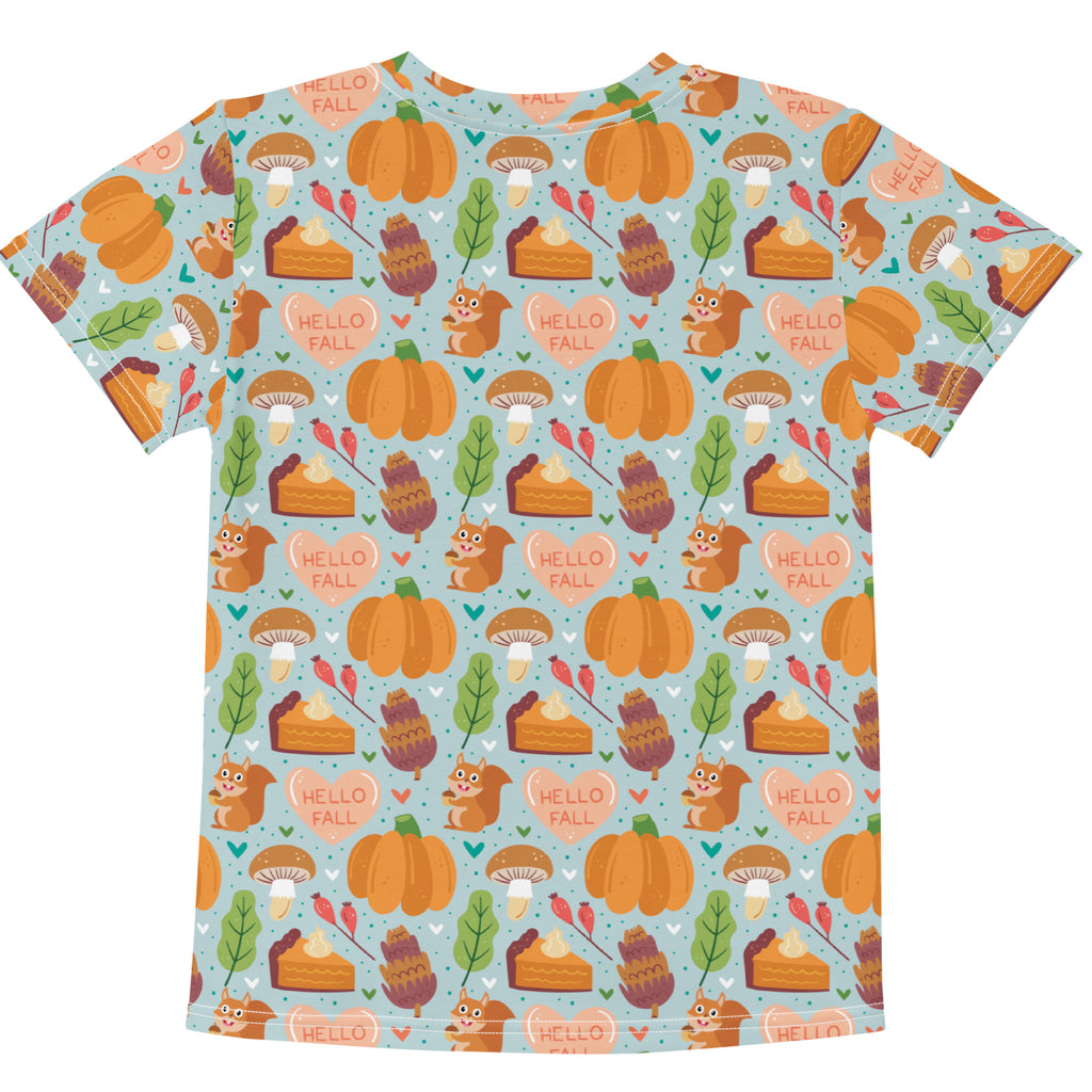 Kids hello fall pumpkin cotton t-shirt in light blue with playful autumn print of pumpkins squirrels pie slices and leaves