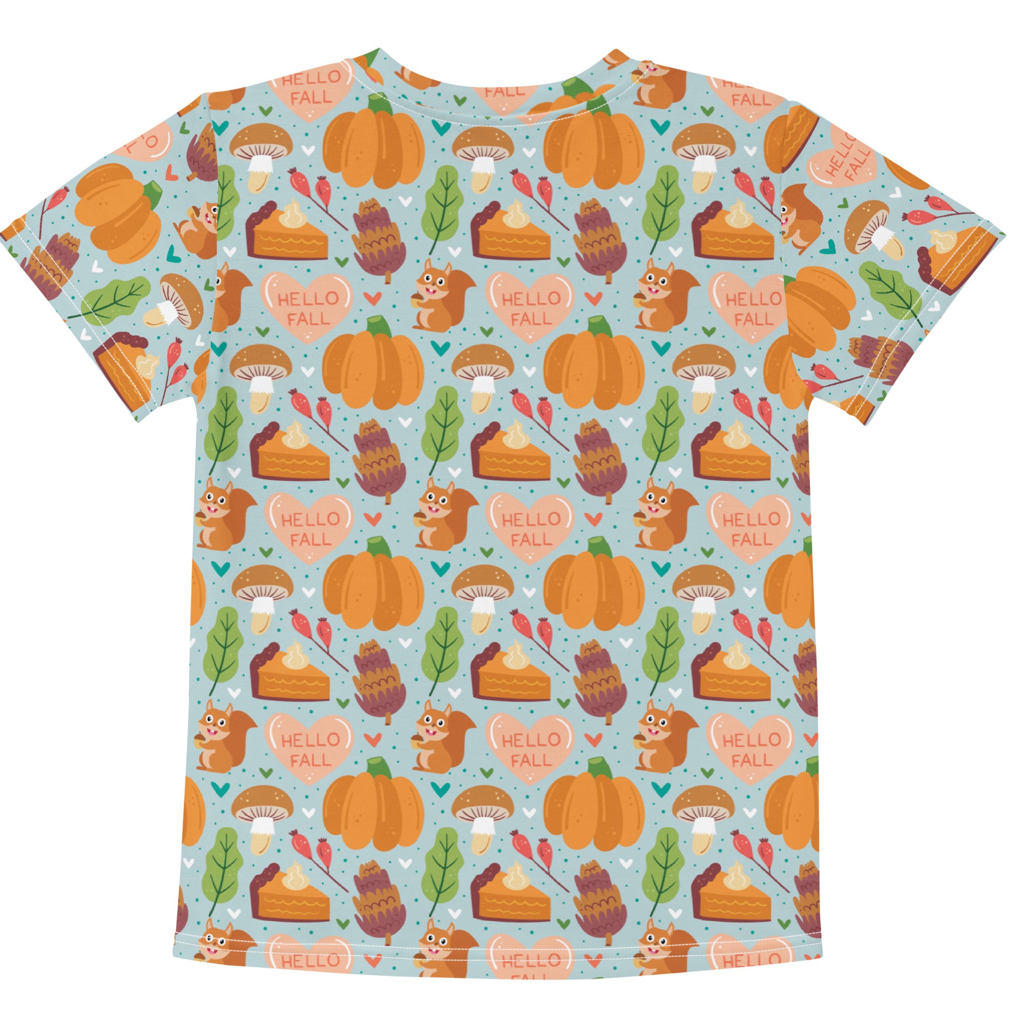 Kids hello fall pumpkin cotton t-shirt in light blue with playful autumn print of pumpkins squirrels pie slices and leaves