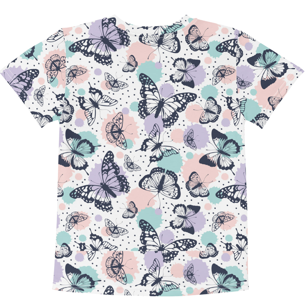 Kids pastel butterfly garden cotton t-shirt with vibrant black teal and lavender butterfly pattern on white background