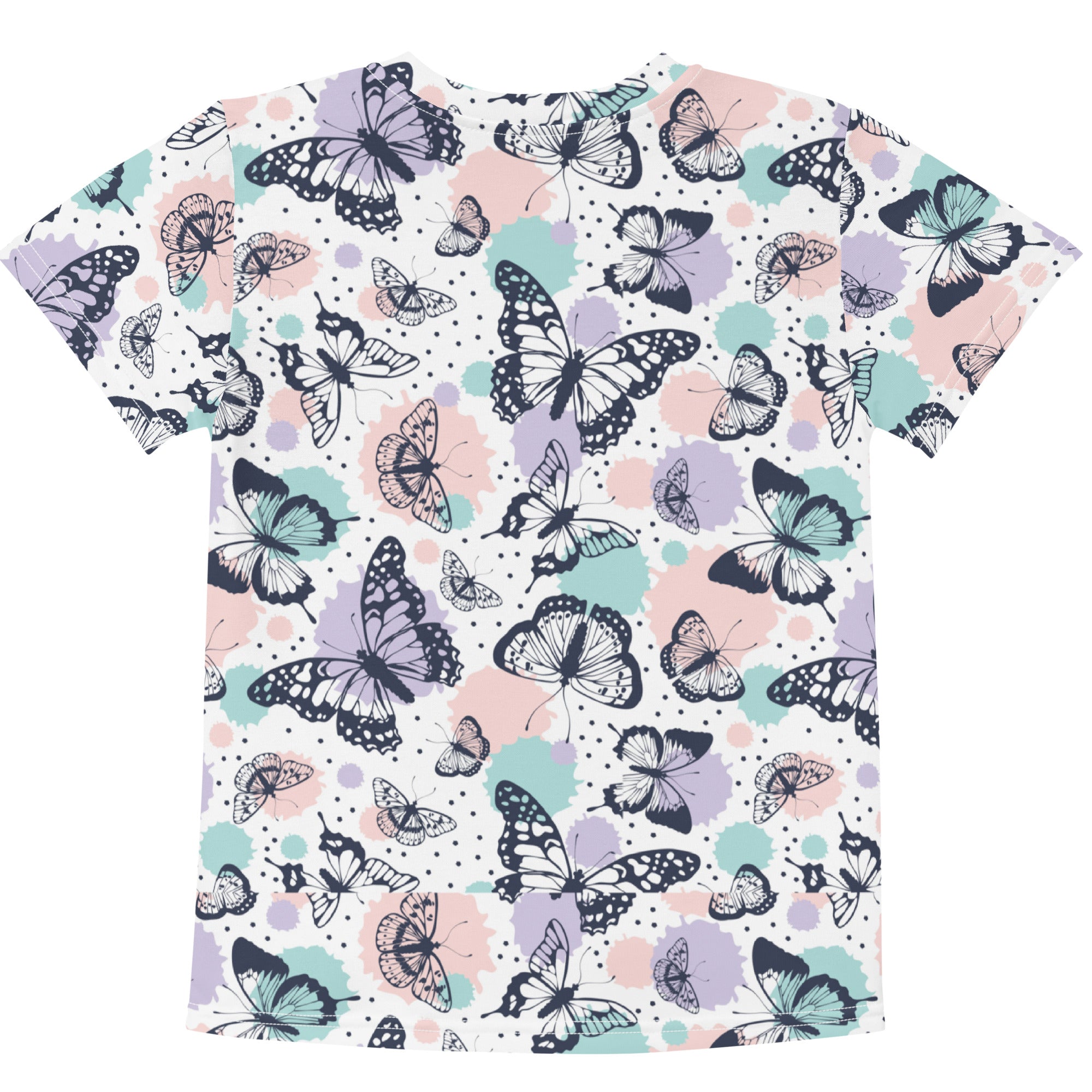 Kids pastel butterfly garden cotton t-shirt with vibrant black teal and lavender butterfly pattern on white background