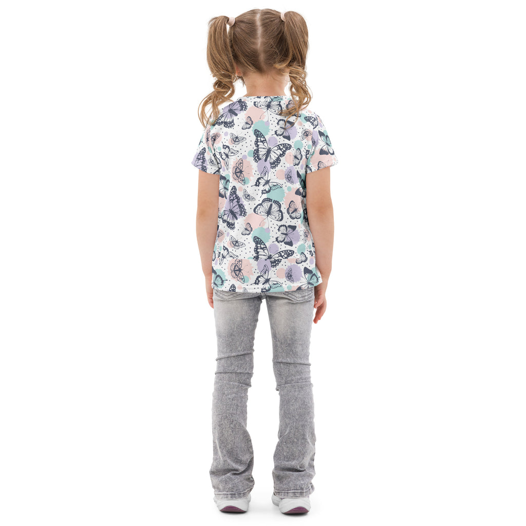 Kids pastel butterfly garden cotton t-shirt with short sleeves and black gray pastel pink butterfly pattern on white background