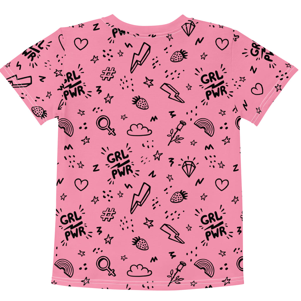 Pink short-sleeved cotton girl power t-shirt with black graphic print featuring grl pwr text and colorful motifs