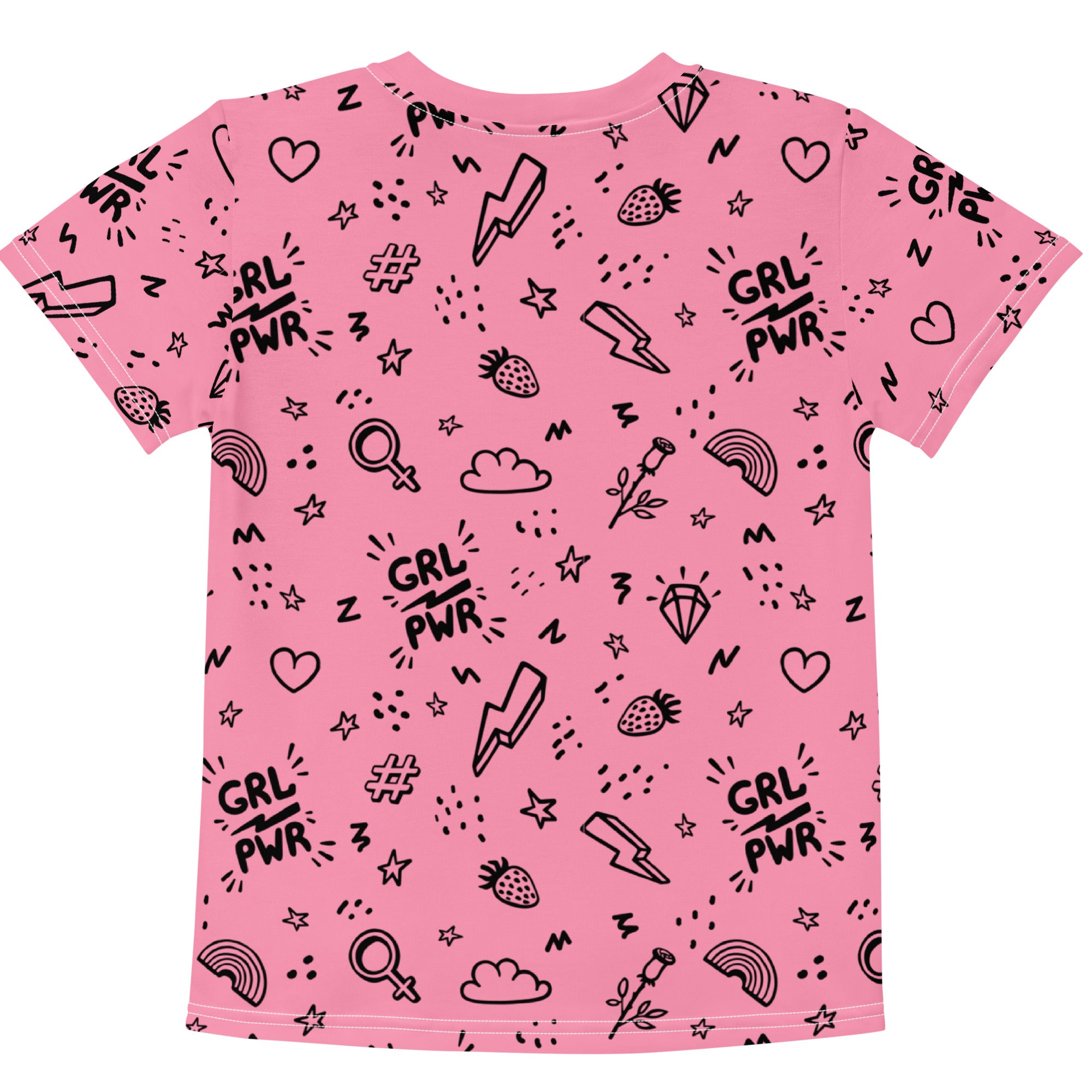 Pink short-sleeved cotton girl power t-shirt with black graphic print featuring grl pwr text and colorful motifs