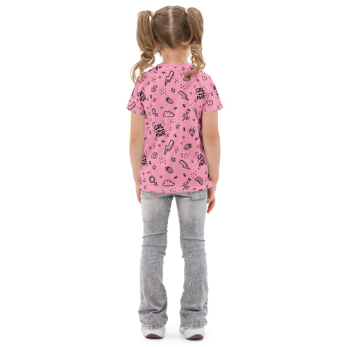 Pink cotton girl power t-shirt with black doodle print and cartoon symbols on short sleeves