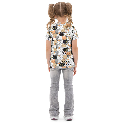 Girls cat face cotton t-shirt with colorful cartoon cat pattern on light background short-sleeved design