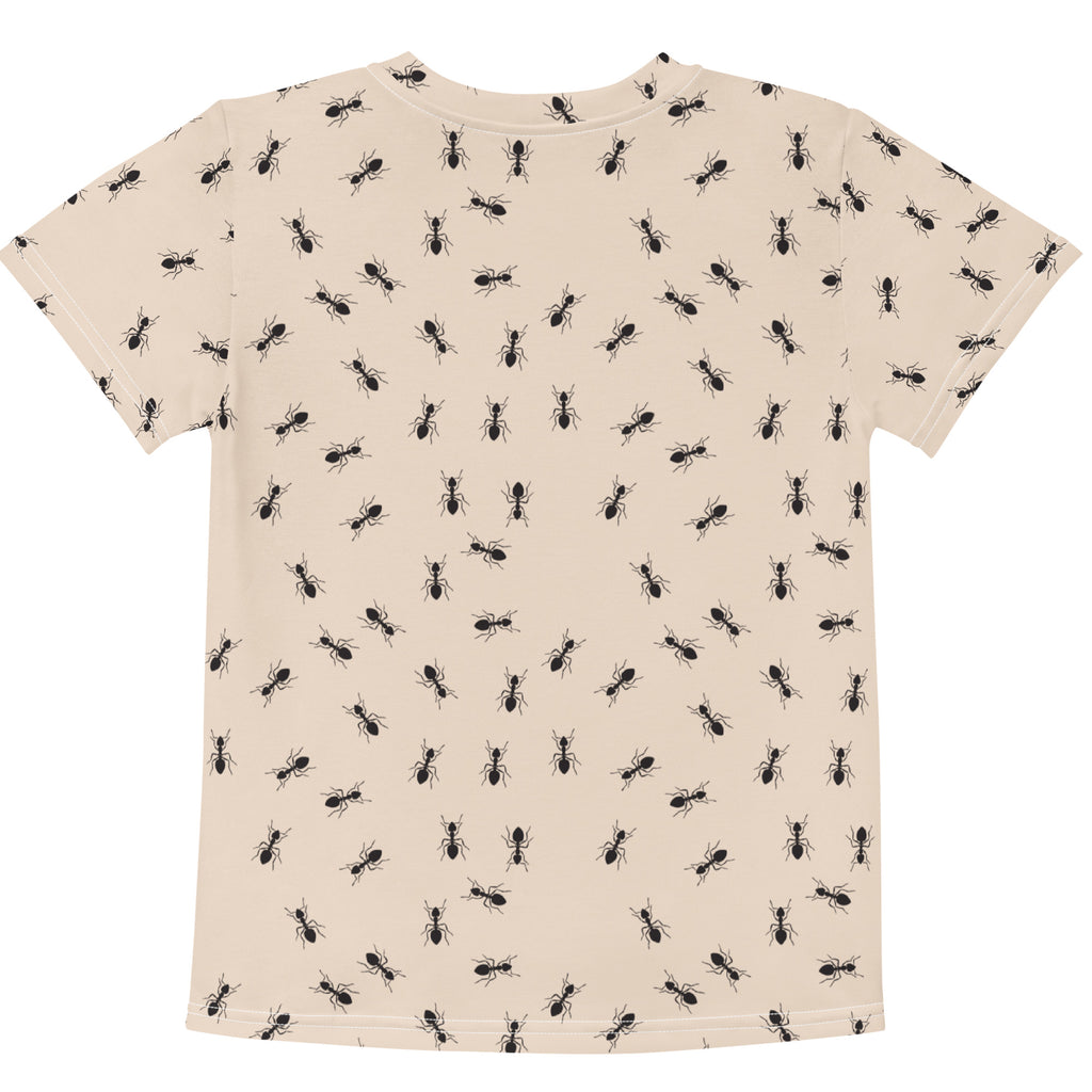 Beige kids cotton t-shirt with short sleeves featuring a repeating pattern of black ant silhouettes