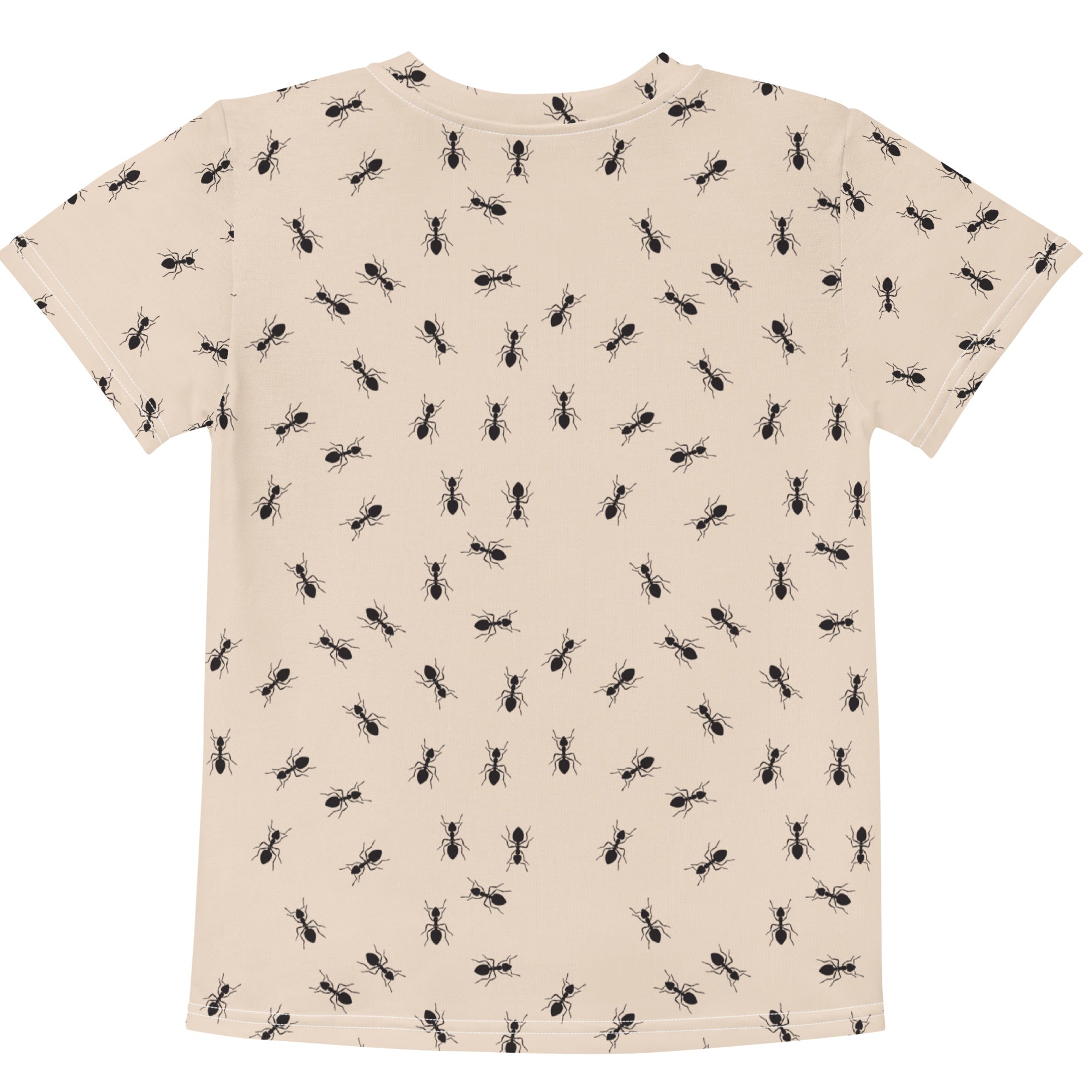 Beige kids cotton t-shirt with short sleeves featuring a repeating pattern of black ant silhouettes