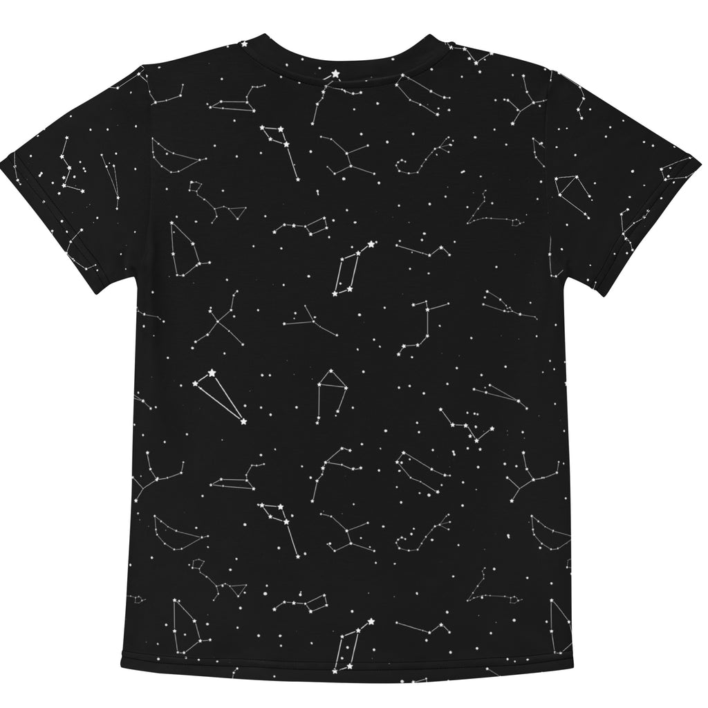 Black short-sleeved cotton kids t-shirt with white realistic constellation pattern across the fabric