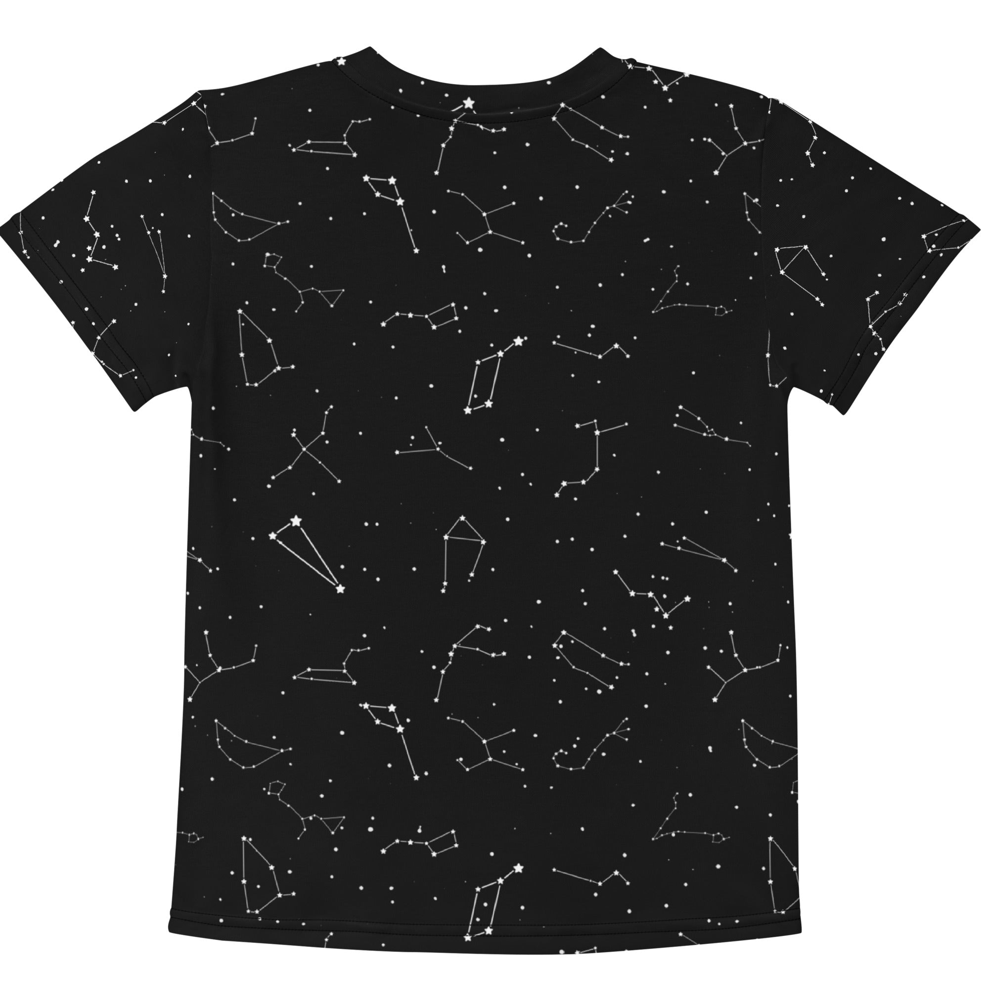 Black short-sleeved cotton kids t-shirt with white realistic constellation pattern across the fabric