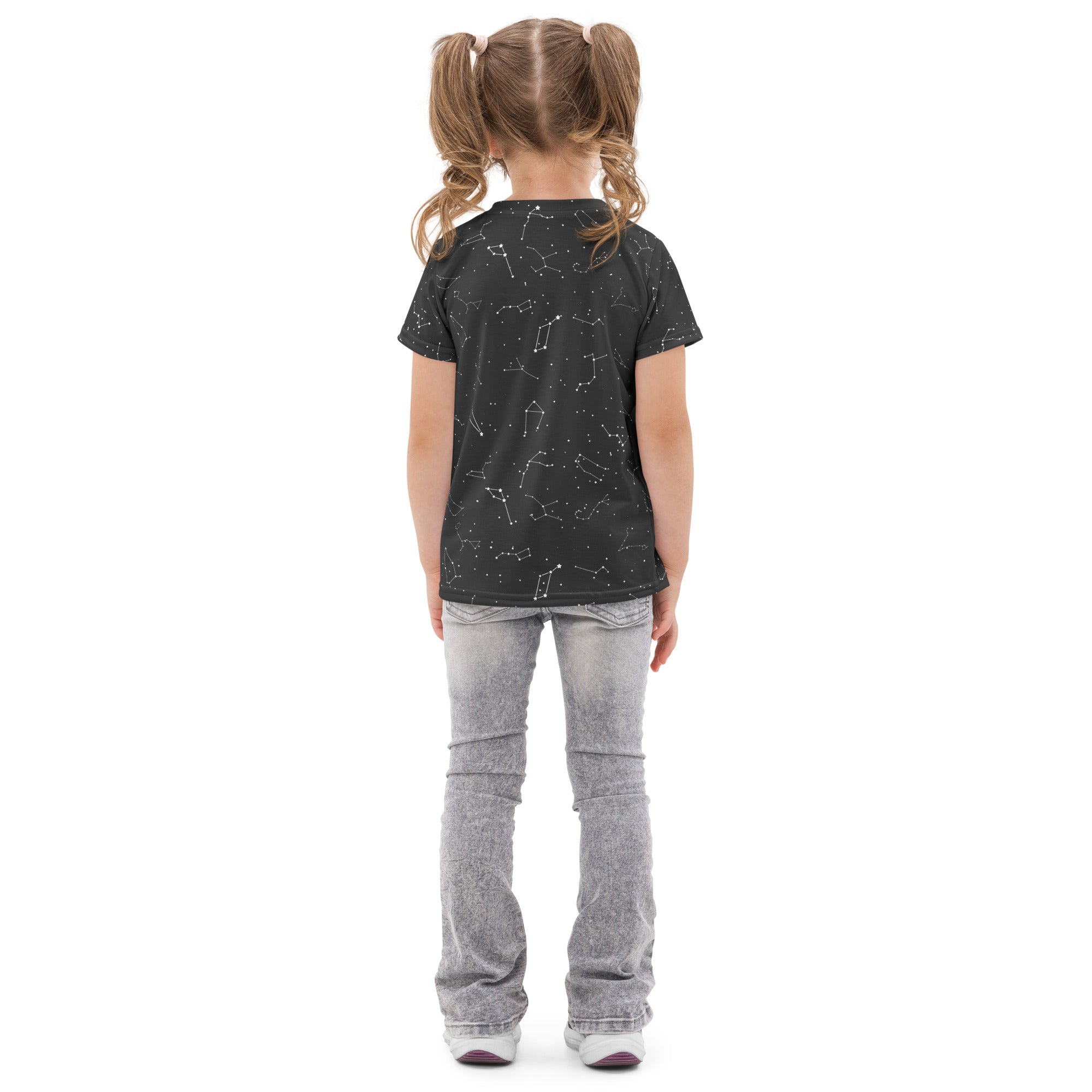 Black short-sleeved kids cotton t-shirt with white realistic constellation pattern for casual wear