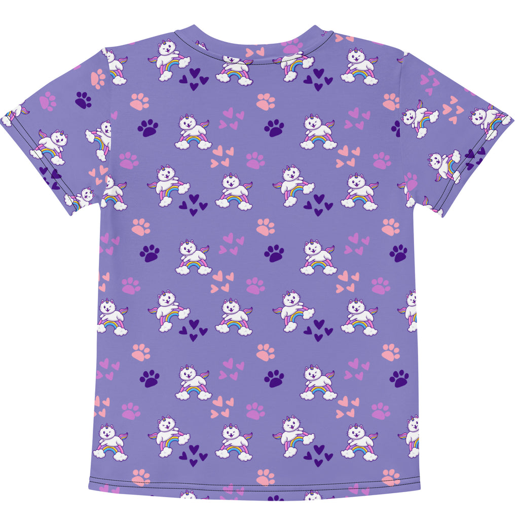 Girls purple caticorn cotton t-shirt with short sleeves featuring white winged cartoon dogs rainbows and paw prints