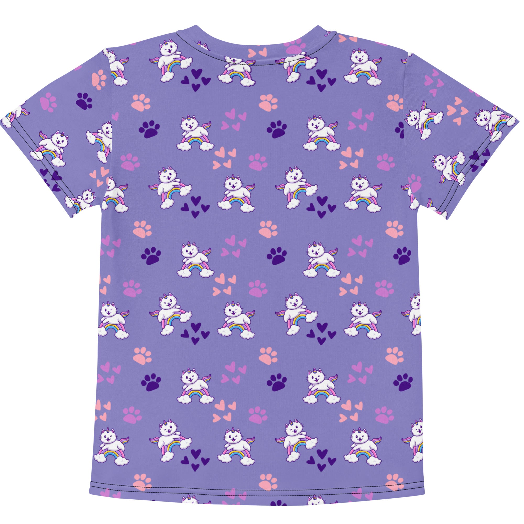 Girls purple caticorn cotton t-shirt with short sleeves featuring white winged cartoon dogs rainbows and paw prints