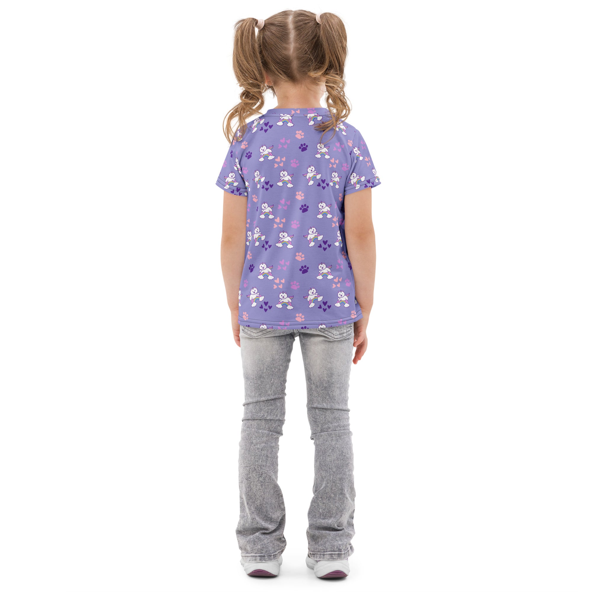 Girls purple caticorn cotton t-shirt with playful white cartoon dogs and paw prints pattern on short sleeves