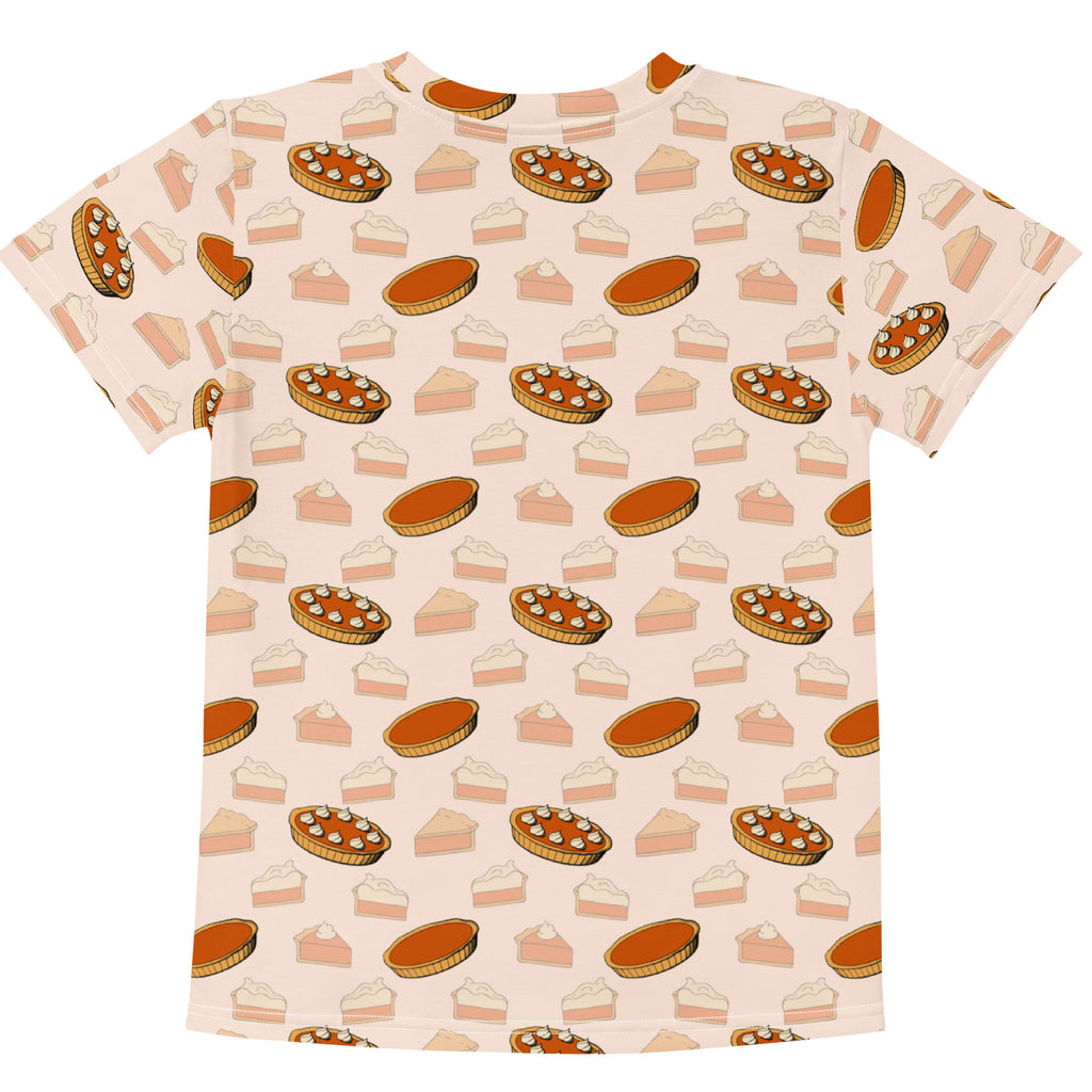 Kids pumpkin pie thanksgiving cotton t-shirt featuring a playful all-over pumpkin pie print on beige fabric