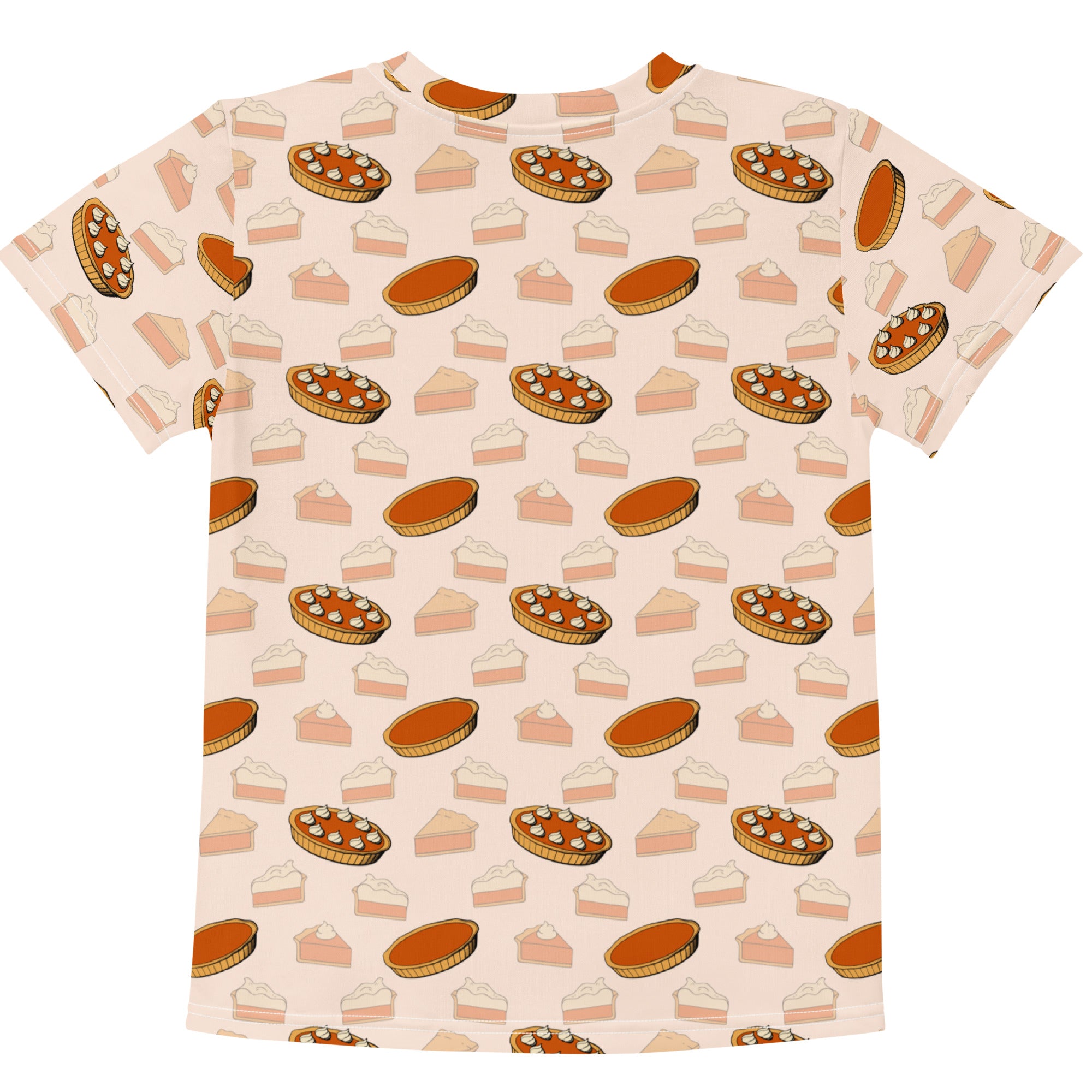 Kids pumpkin pie thanksgiving cotton t-shirt featuring a playful all-over pumpkin pie print on beige fabric