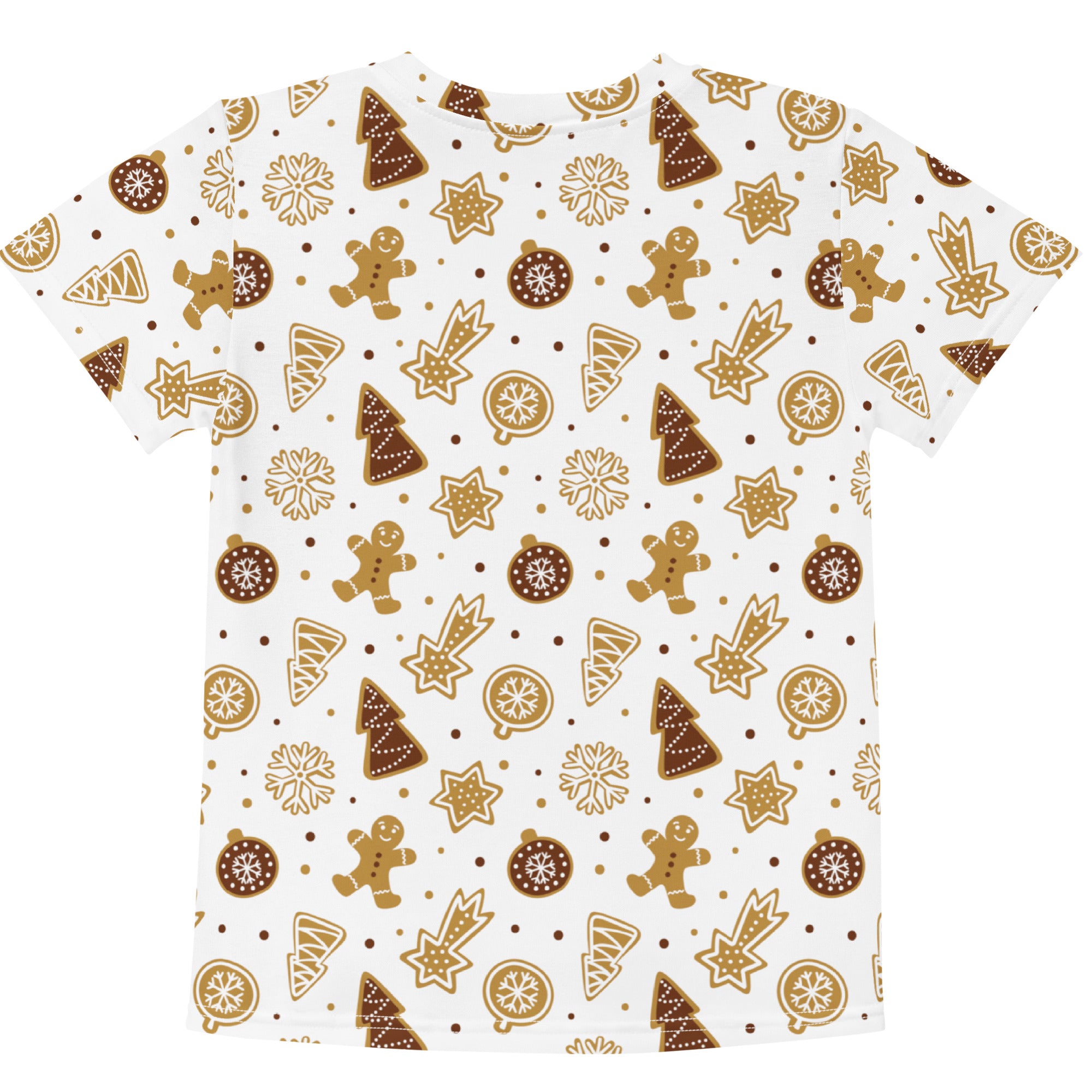 White short-sleeved cotton kids t-shirt with festive brown gingerbread men christmas trees and ornament pattern