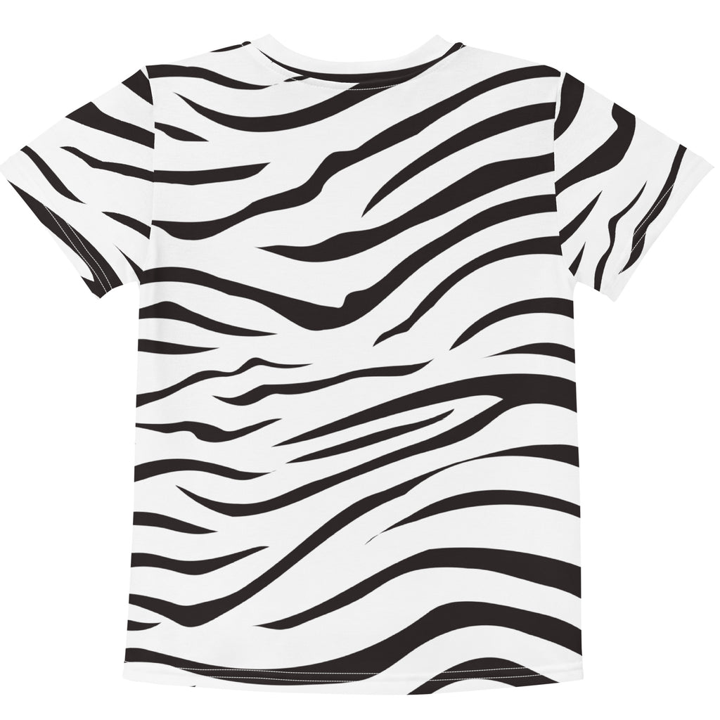 Kids zebra print cotton t-shirt featuring a white base with bold black zebra stripes design