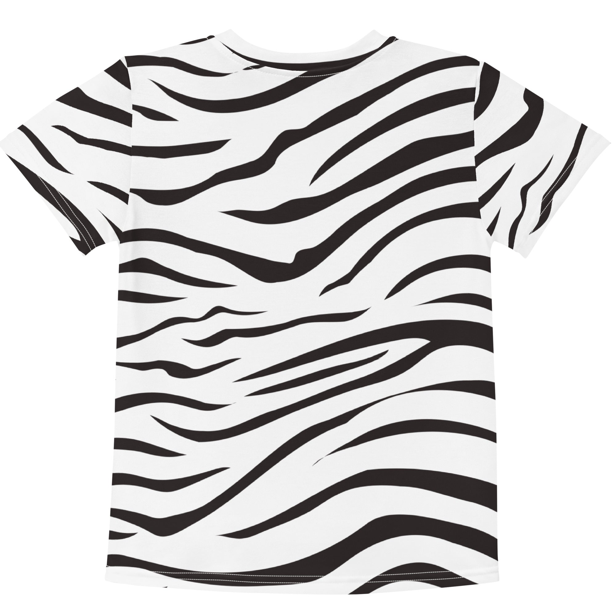 Kids zebra print cotton t-shirt featuring a white base with bold black zebra stripes design