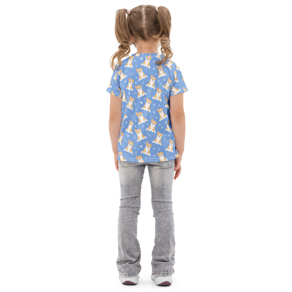 Kids Blue Corgi Dog Cotton T-Shirt