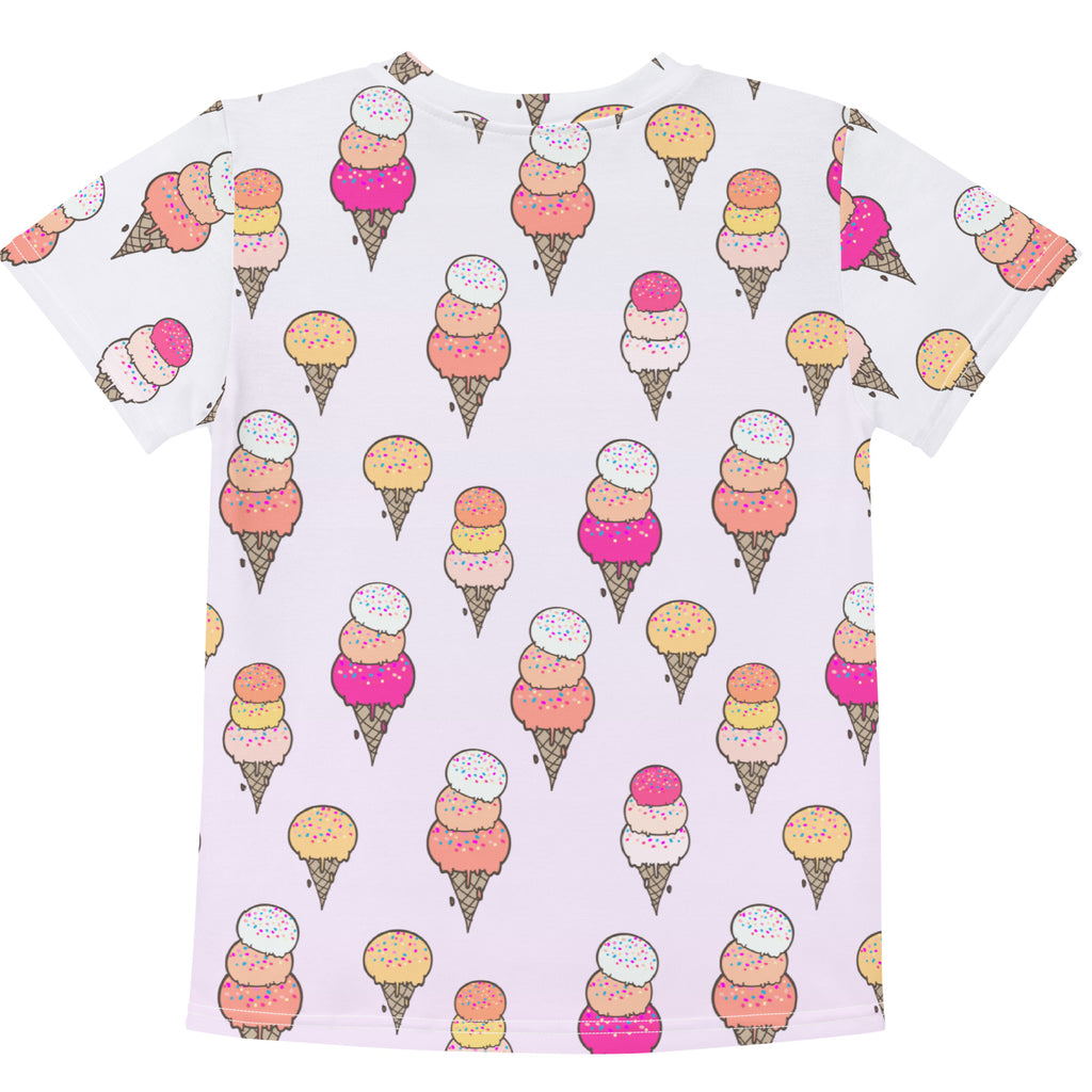 White kids cotton t-shirt with colorful playful ice cream cone print in pink peach and yellow with sprinkles