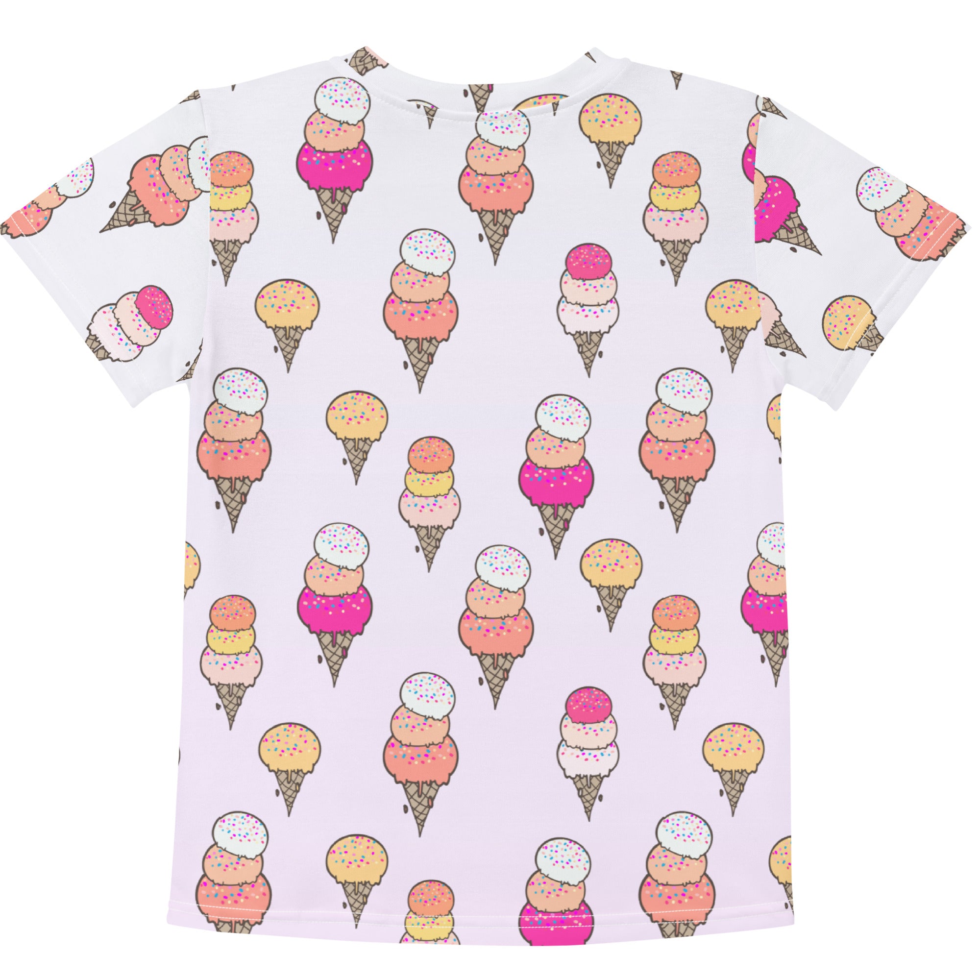 White kids cotton t-shirt with colorful playful ice cream cone print in pink peach and yellow with sprinkles