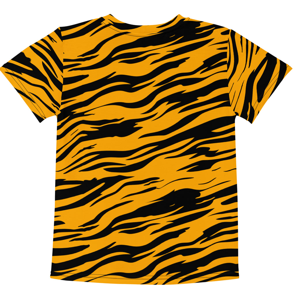 Kids tiger stripes cotton t-shirt with vibrant orange and black tiger stripe pattern and short sleeves