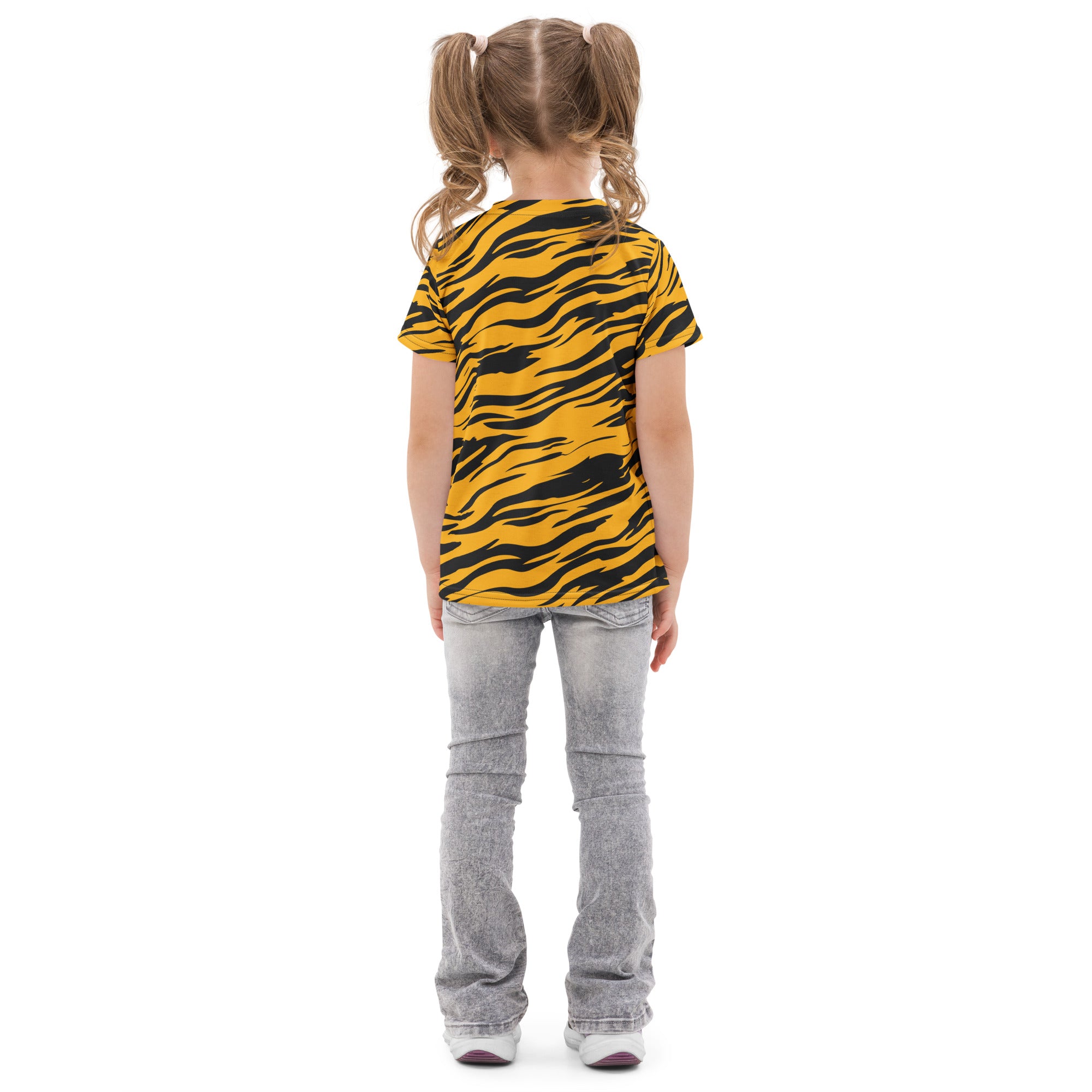 Kids tiger stripes cotton t-shirt in yellow and black with short sleeves and tiger-striped design