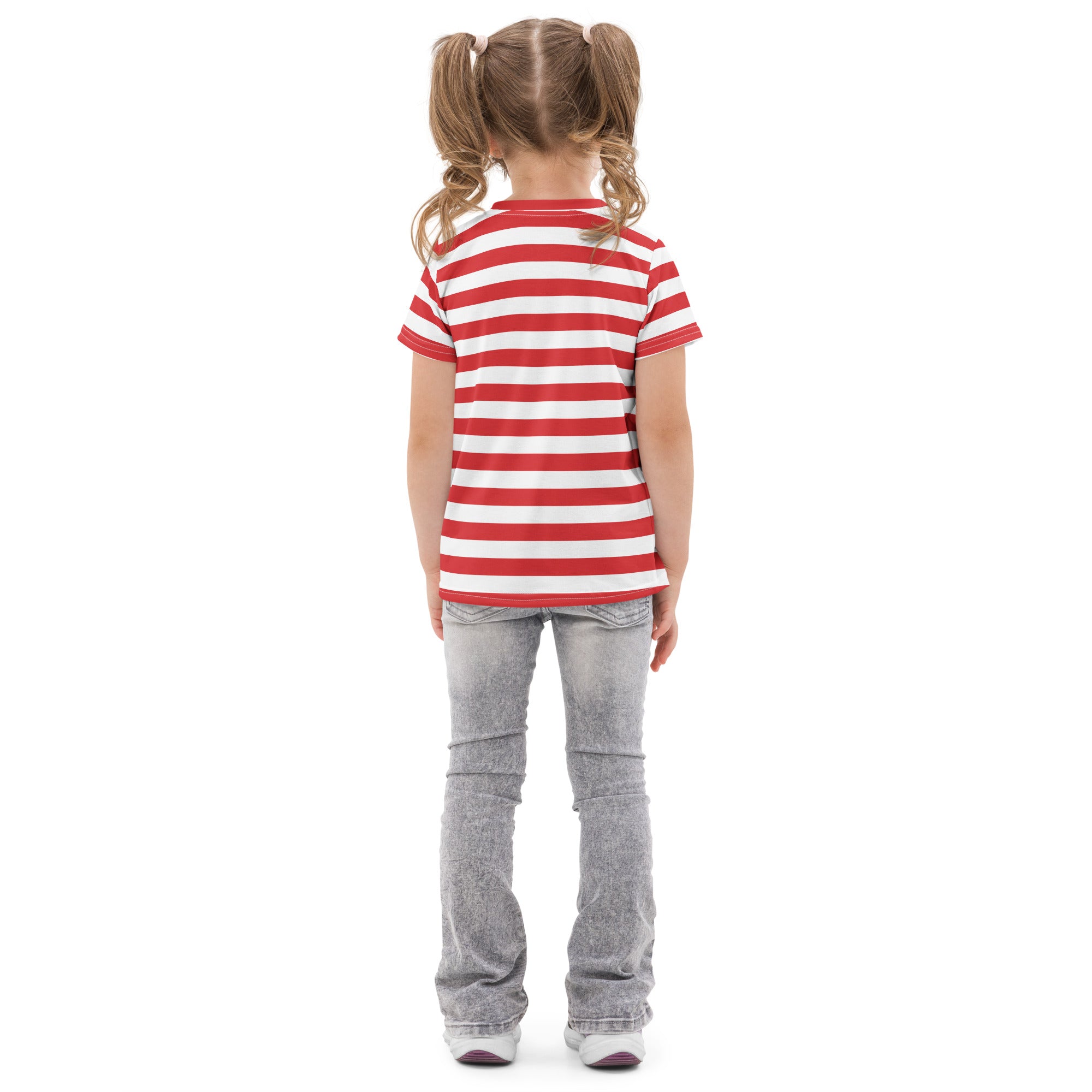 Kids red and white striped short-sleeved cotton t-shirt featuring horizontal stripes for comfortable wear