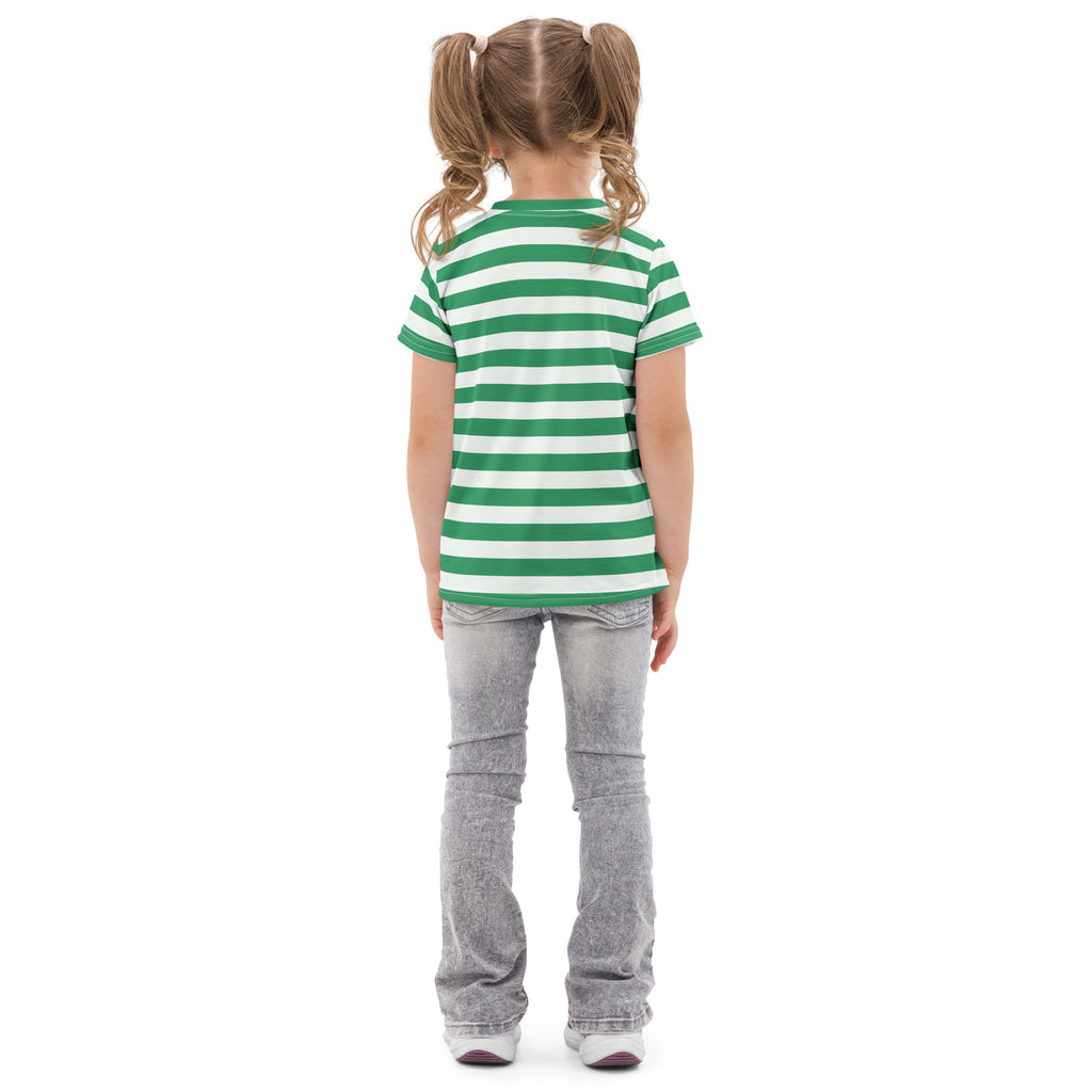 Kids green and white striped cotton t-shirt with short sleeves and horizontal stripes for casual wear