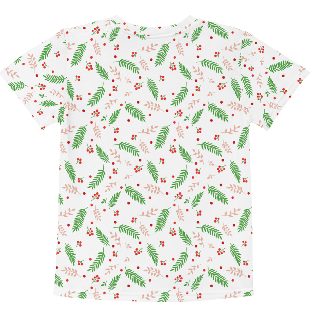 Kids holly berry christmas cotton t-shirt white short-sleeved with green ferns pink leaves and red berries pattern