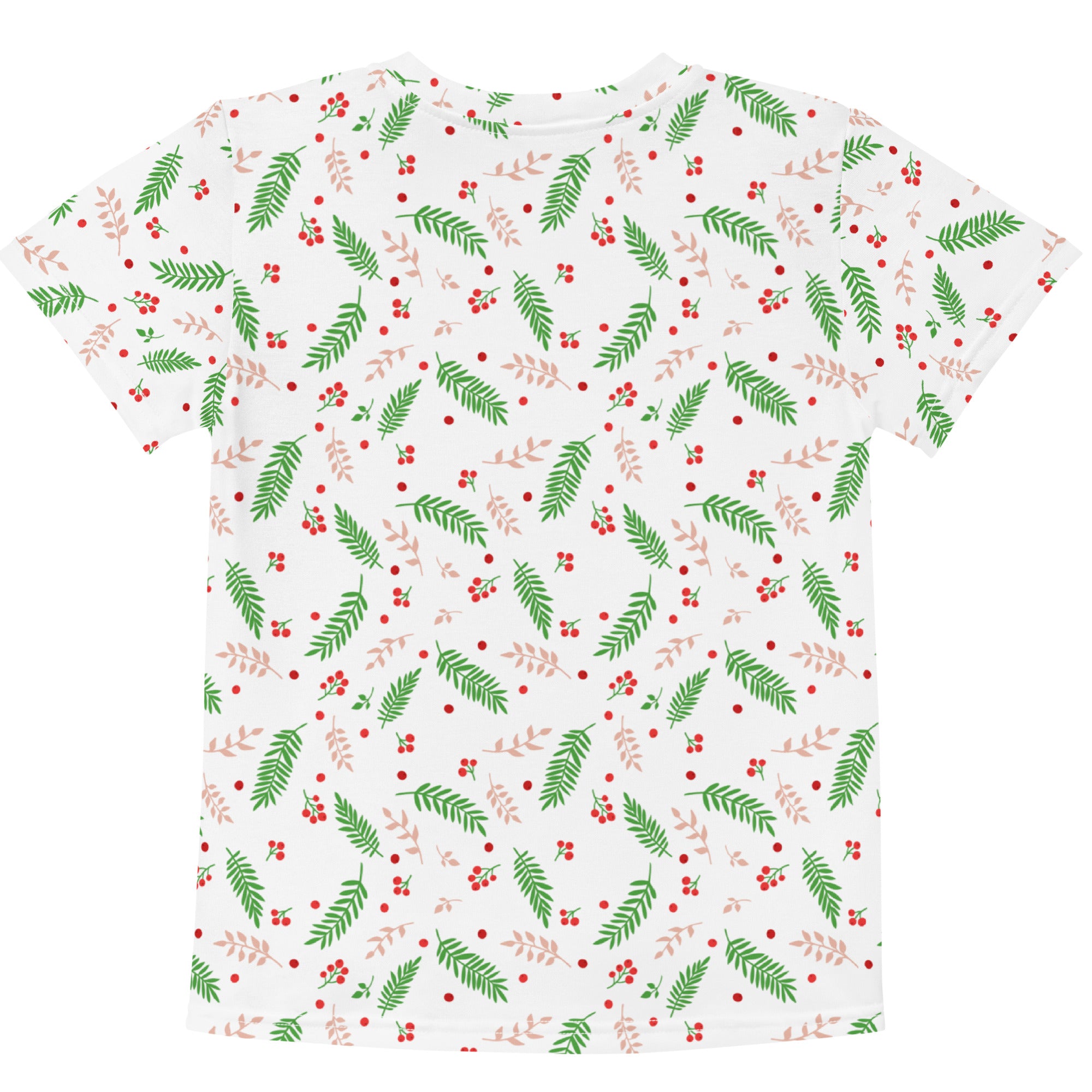 Kids holly berry christmas cotton t-shirt white short-sleeved with green ferns pink leaves and red berries pattern