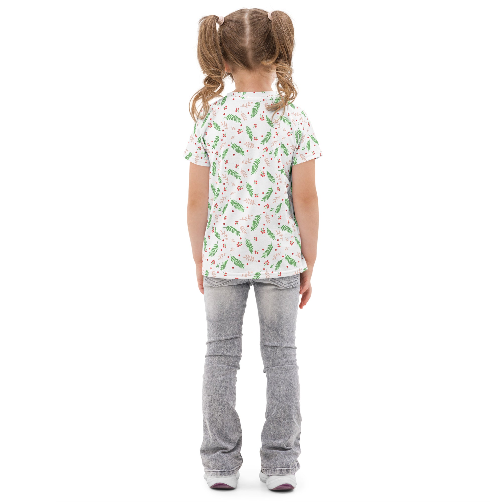 White short-sleeved kids cotton t-shirt with green leaf and red berry holly pattern for christmas wear