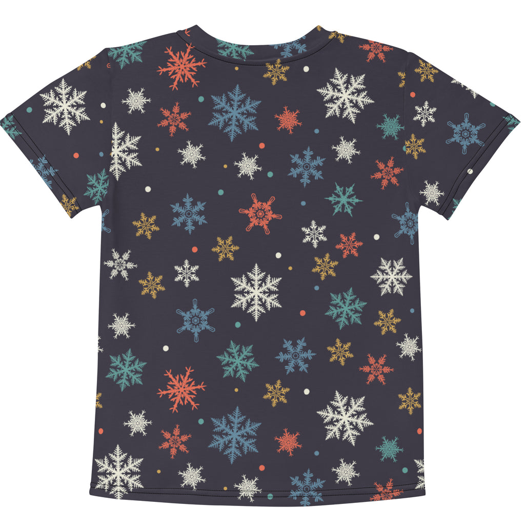 Kids colorful snowflakes cotton t-shirt dark gray short-sleeved with vibrant multicolored snowflake pattern