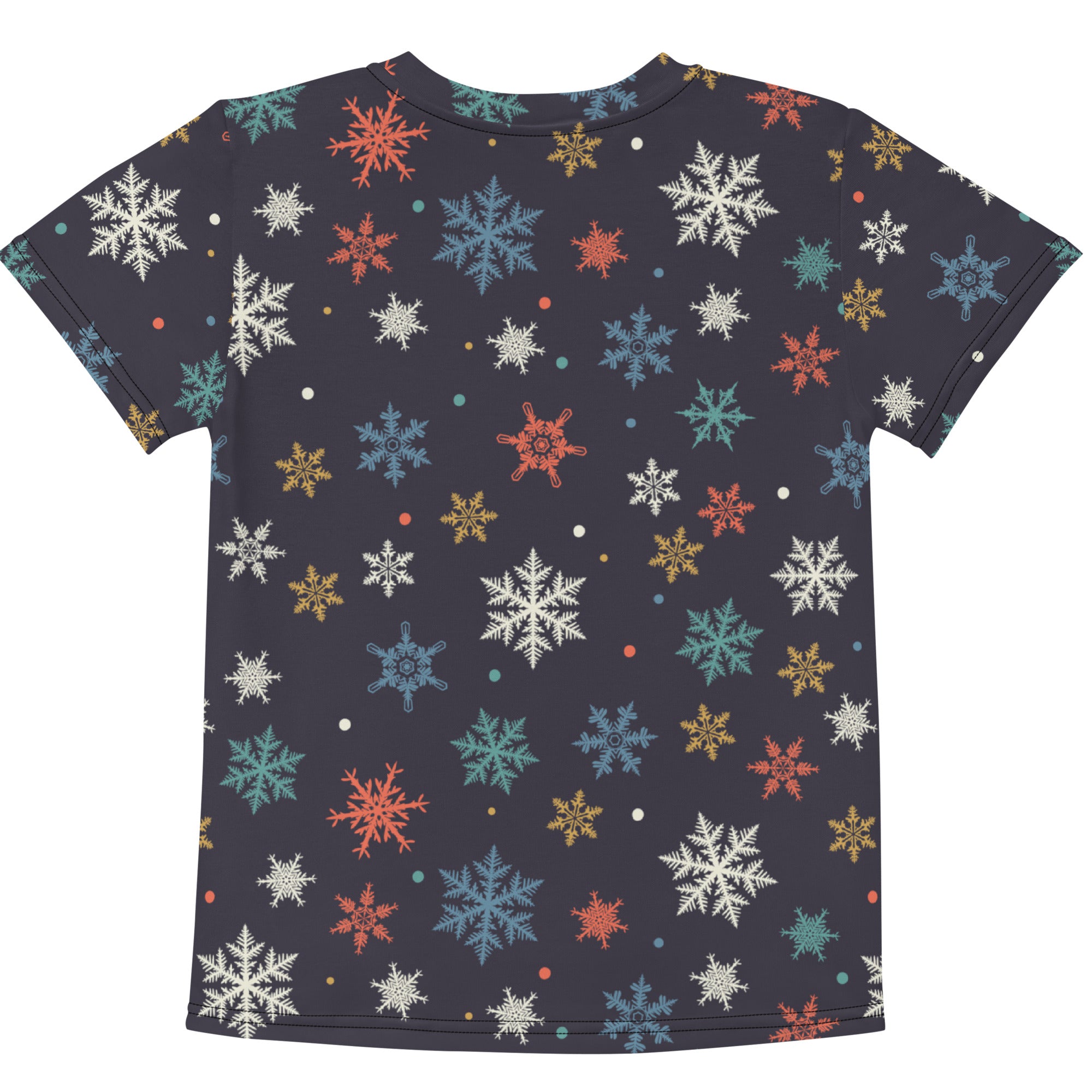 Kids colorful snowflakes cotton t-shirt dark gray short-sleeved with vibrant multicolored snowflake pattern