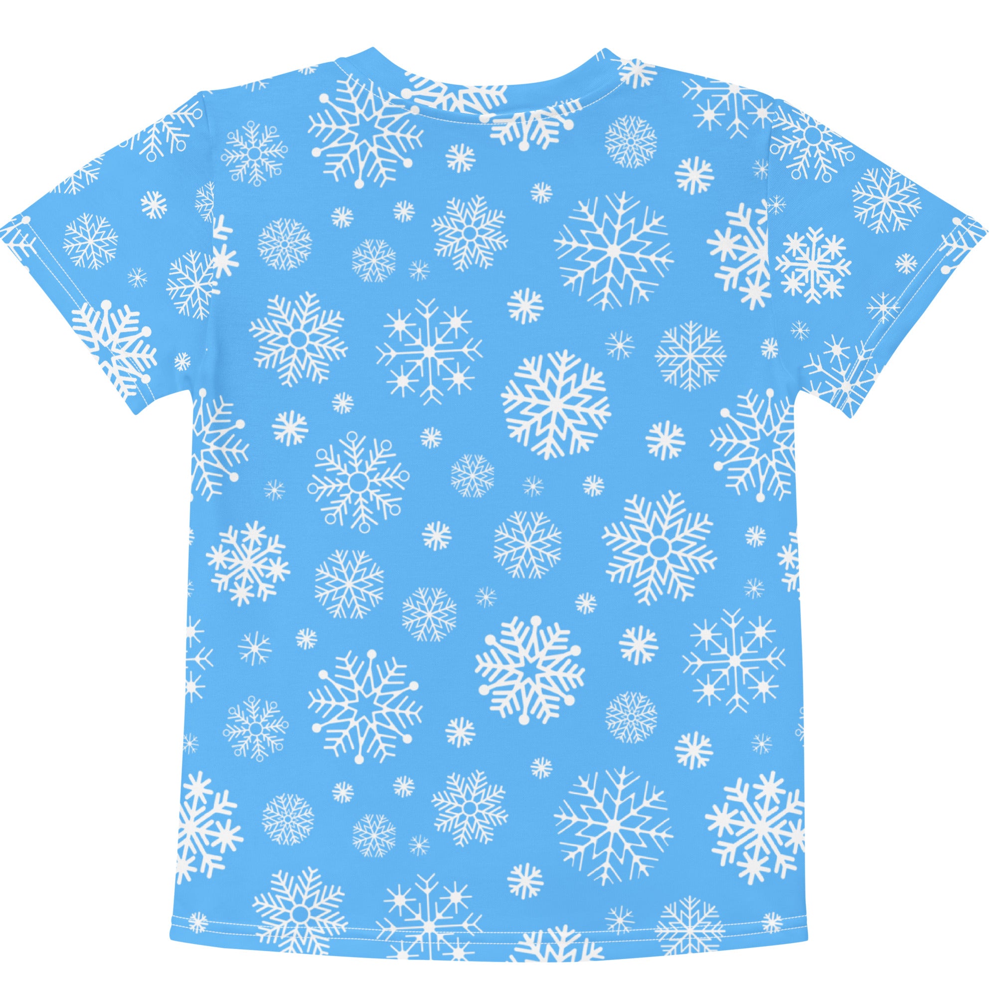 Kids blue snowflakes cotton t-shirt with short sleeves and vibrant all-over white snowflake print