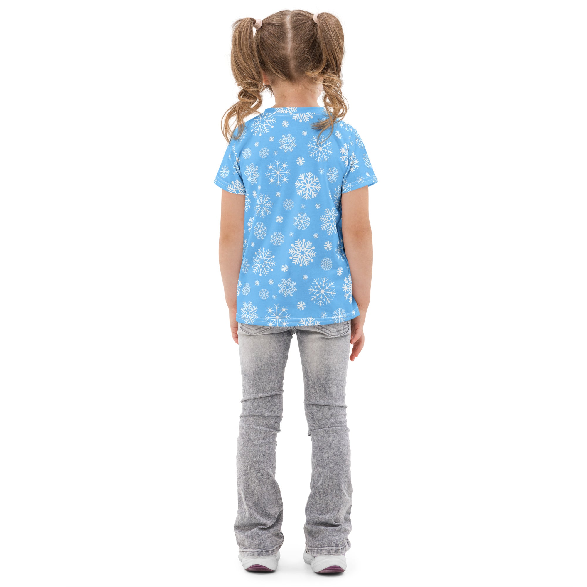 Kids blue snowflakes cotton t-shirt with white snowflake pattern on light blue short sleeves for kids