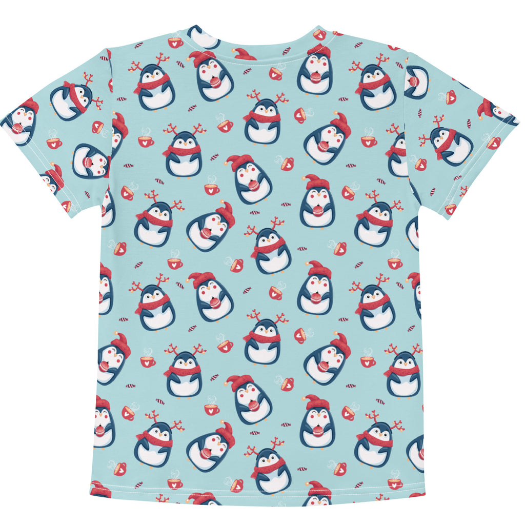 Light blue kids cotton t-shirt with playful reindeer penguin print and festive red hats and scarves