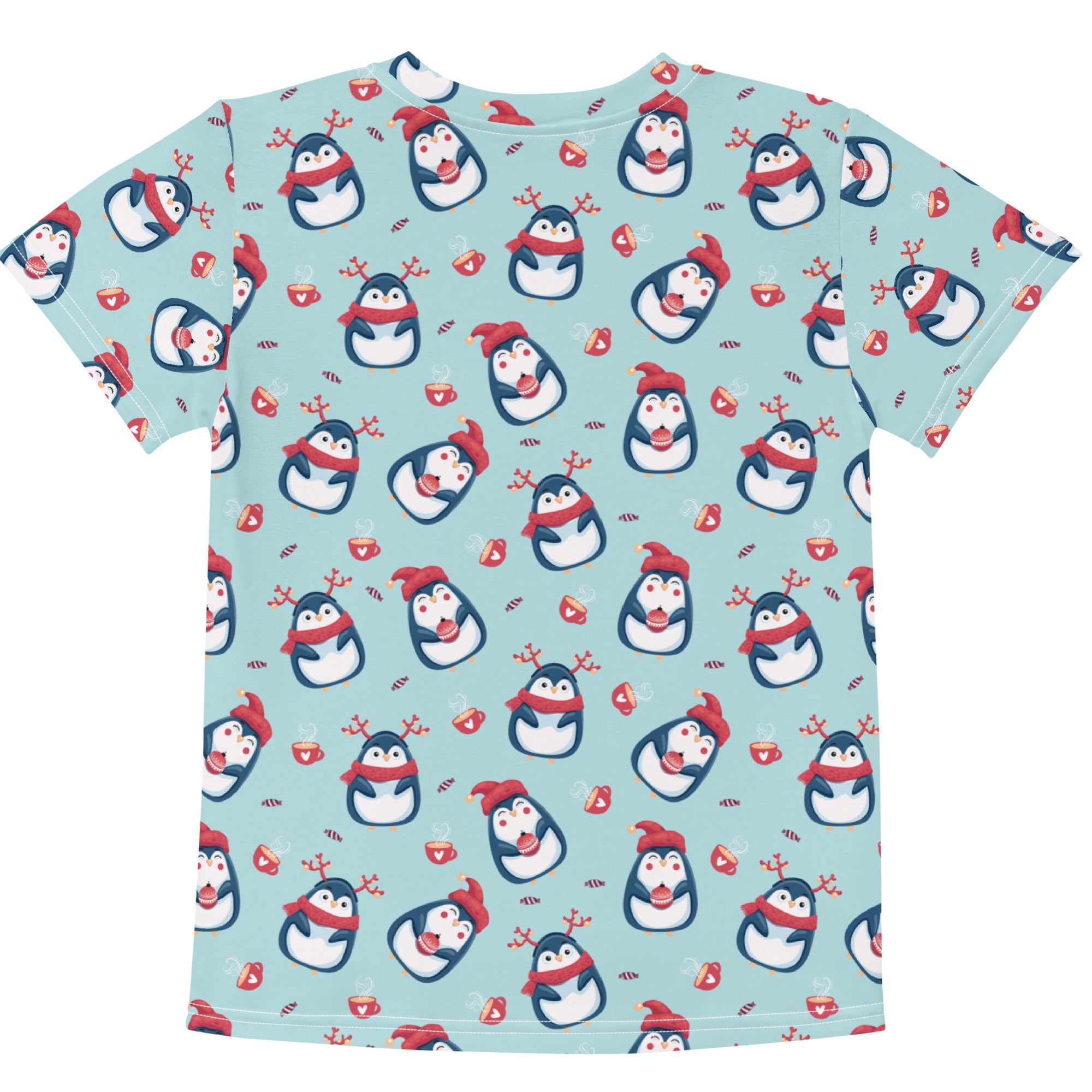 Light blue kids cotton t-shirt with playful reindeer penguin print and festive red hats and scarves