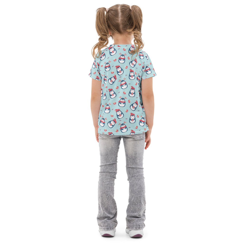 Light blue kids cotton t-shirt with short sleeves and cartoon penguins wearing red hats holding hearts pattern
