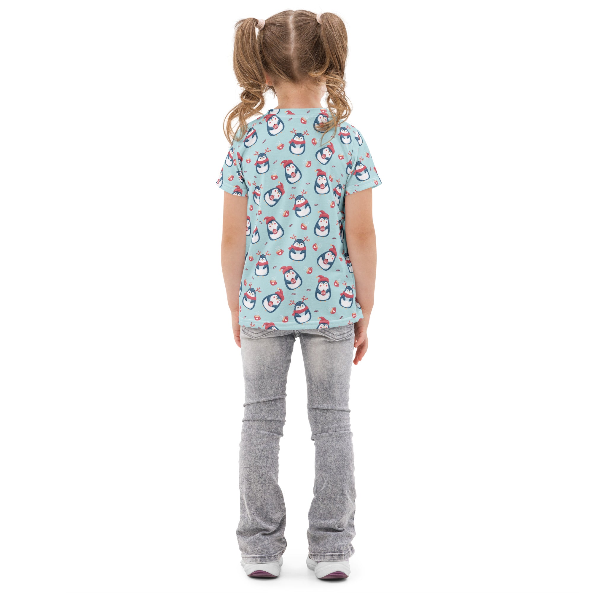 Light blue kids cotton t-shirt with short sleeves and cartoon penguins wearing red hats holding hearts pattern