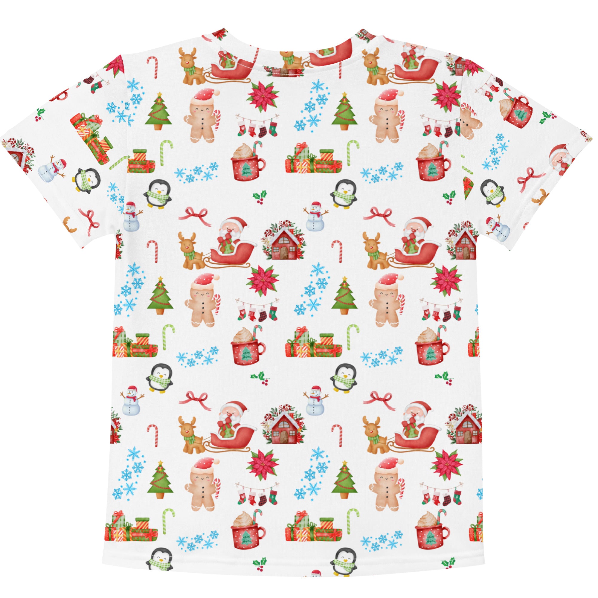 Kids christmas cotton t-shirt in white with festive print of gingerbread men reindeer penguins snowmen candy canes and poinsettias