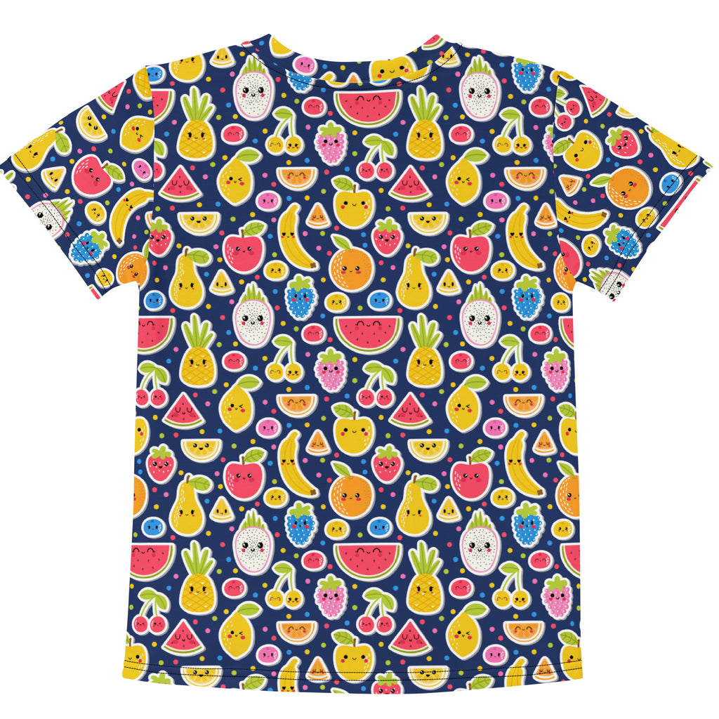 A navy blue kids emoji fruit cotton t-shirt with playful cartoon pineapple watermelon banana and cherry prints