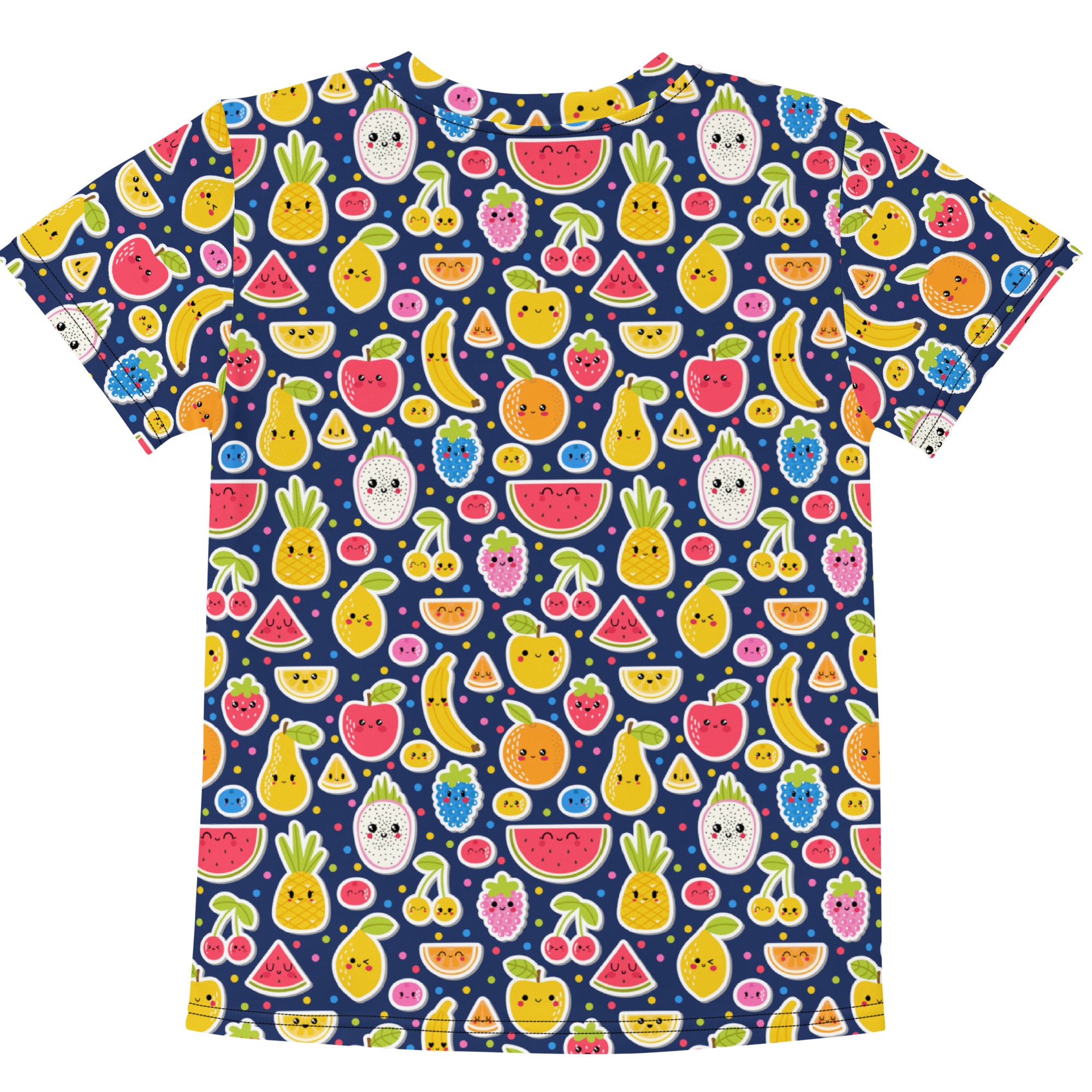 A navy blue kids emoji fruit cotton t-shirt with playful cartoon pineapple watermelon banana and cherry prints